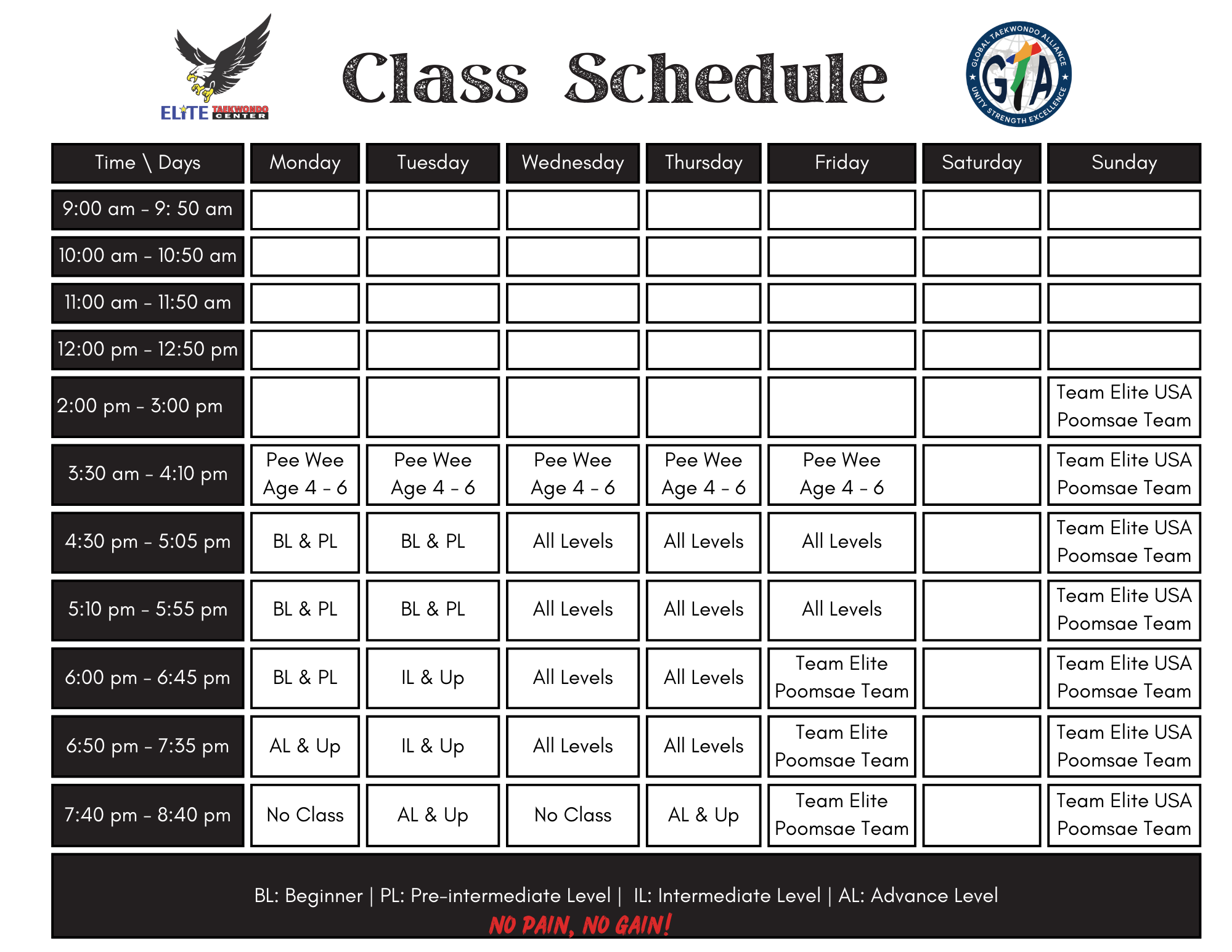 Cupertino Class Schedule